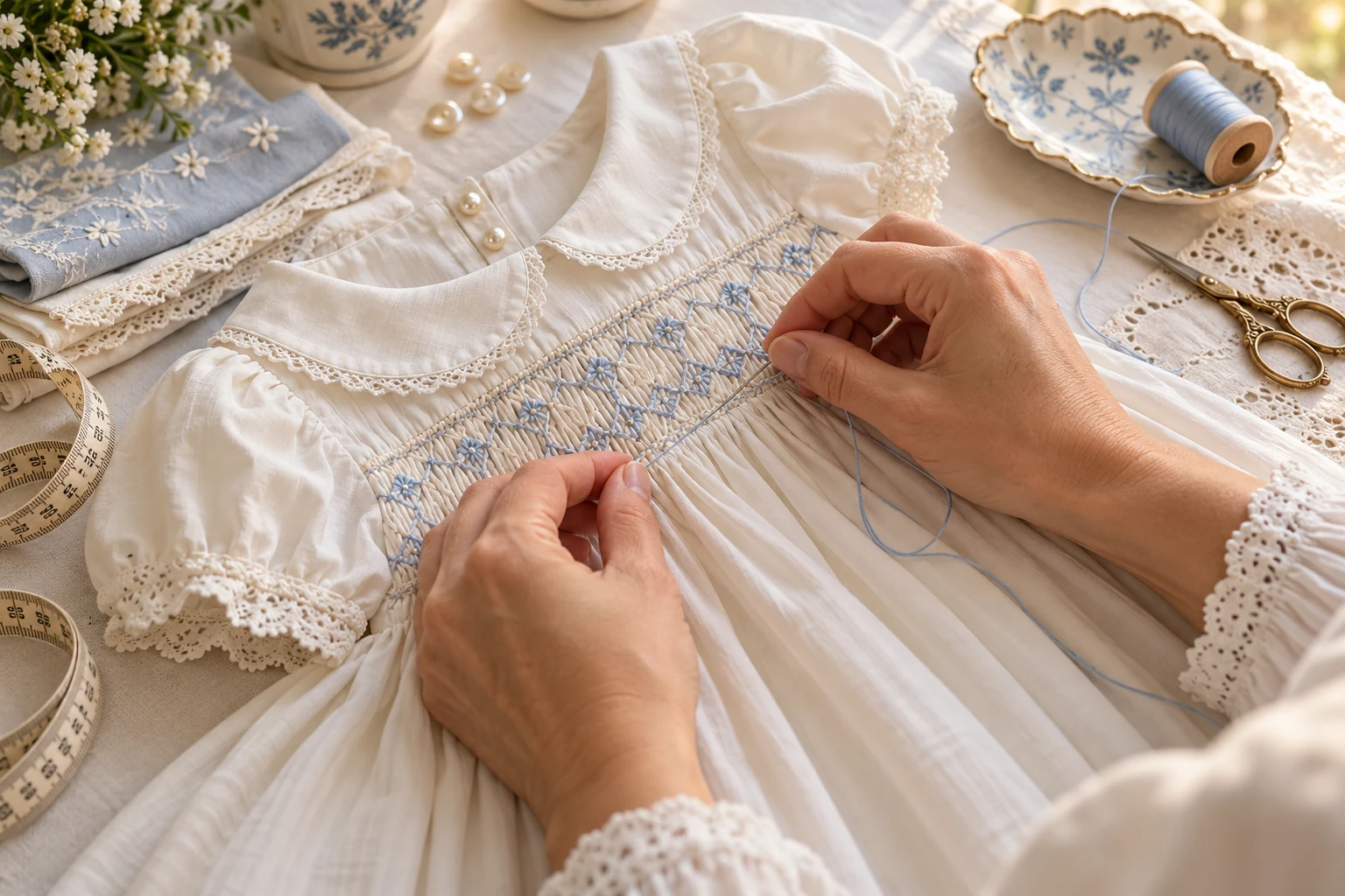 Detail proses hand-smocking pada gaun anak