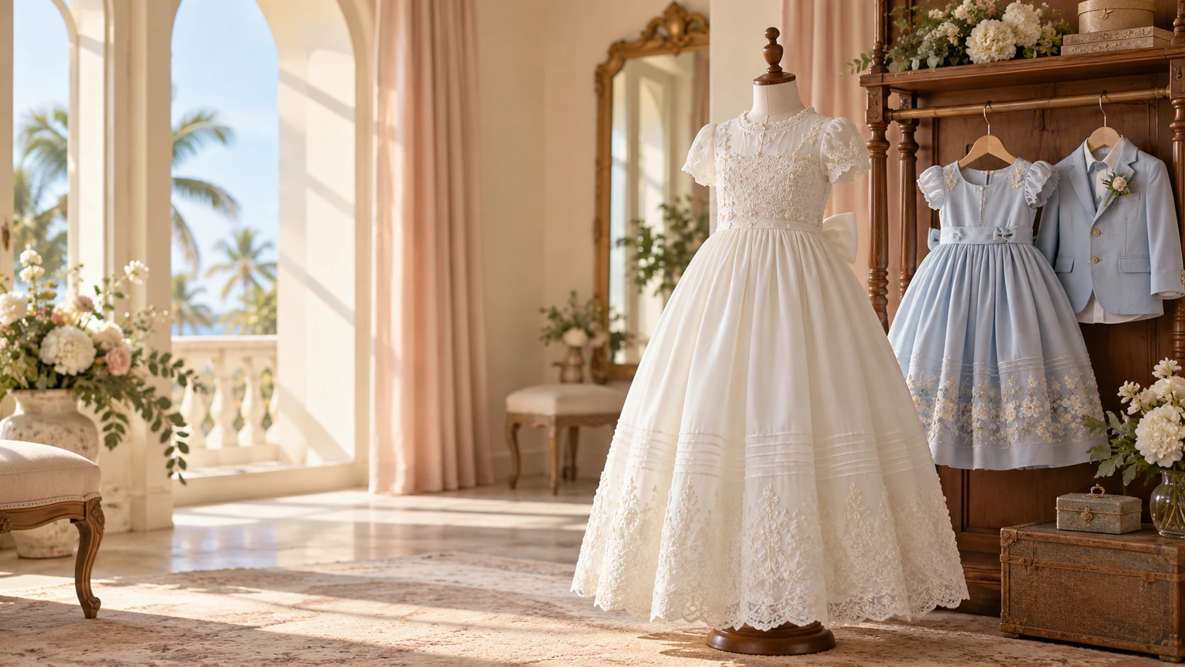 Koleksi gaun Komuni Pertama dan pakaian anak formal di atelier Mother Goose